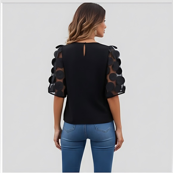 Mesh Appliques Puff Sleeve Blouse Black - Picture 2 of 9